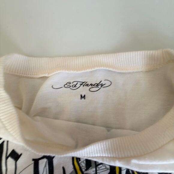 Ed Hardy Flame Skull Cropped Baby T-Shirt in Ivory Size M - Picture 3 of 5